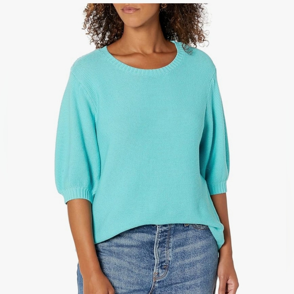 NWT 100% Cotton Puff Sleeve Band Neck Sweater Aqua Small MSRP $69